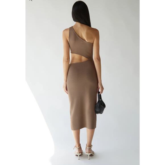 Oak + Fort One-Shoulder Knit Midi Dress with Cutout – Brindle, Size Small - Picture 9 of 9